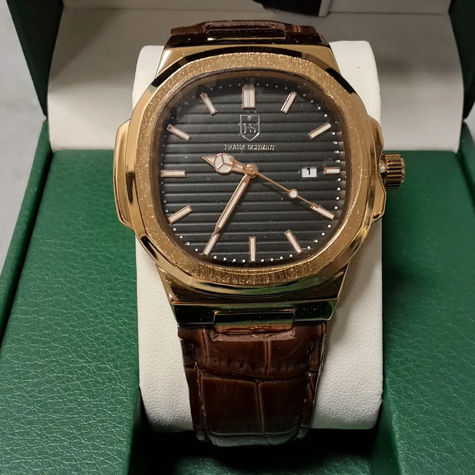 FRANK SCHMIDT STAINLESS STEEL WATCH WITH GOLD BODY AND BROWN LEATHER STRAP