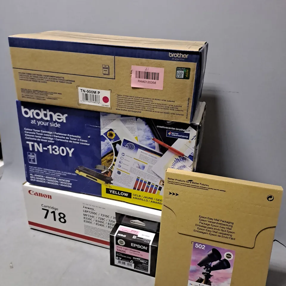 BOX OF APPROXIMTAELY 12 ASSORTED ITEMS TO INCLUDE - BROTHER TN-130Y , CANON 718 , EPSON VIVA LIGHT MAGENTA T46S6 ETC