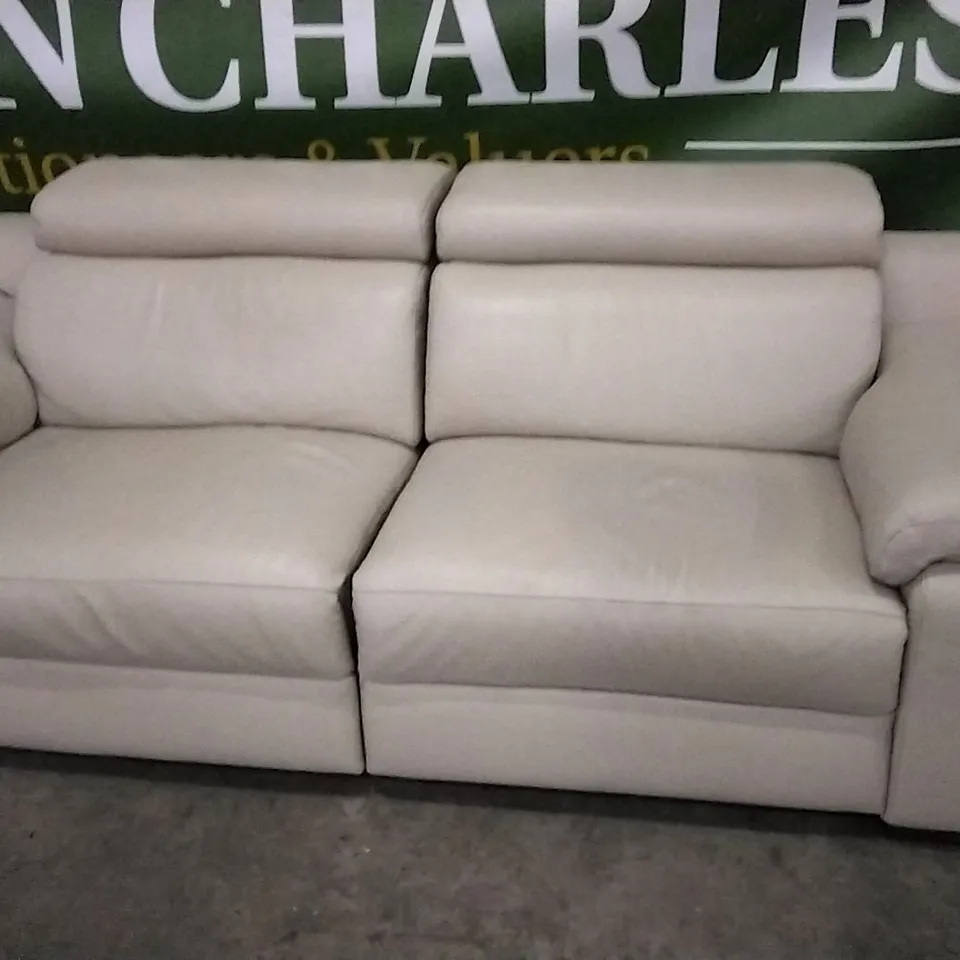 QUALITY ITALIAN DESIGNER RICCARDO DOUBLE POWER RECLINING THREE SEATER SOFA WITH ADJUSTABLE HEADRESTS CAPPUCHINO LEATHER