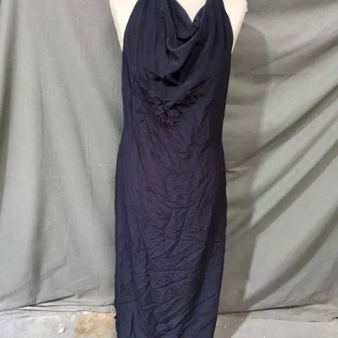 COS DRAPED HALTER-NECK BACKLESS MAXI DRESS - NAVY, SIZE 14