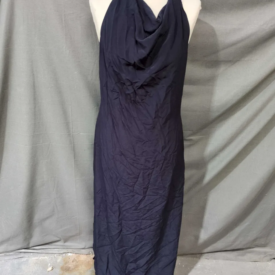 COS DRAPED HALTER-NECK BACKLESS MAXI DRESS - NAVY, SIZE 14