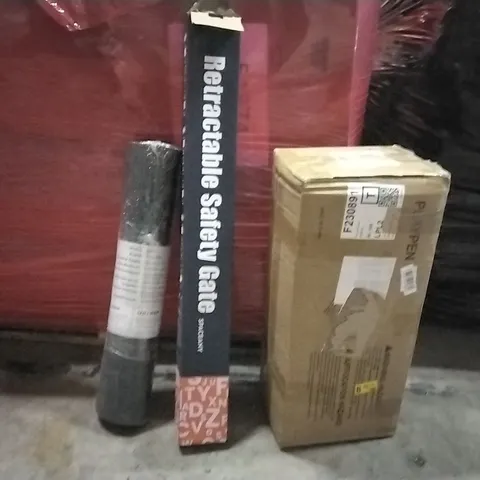 PALLET OF ASSORTED HOUSEHOLD GOODS AND PRODUCTS TO INCLUDE;CHAIR MAT,RETRACTABLE SAFETY GATE,PLAYPEN