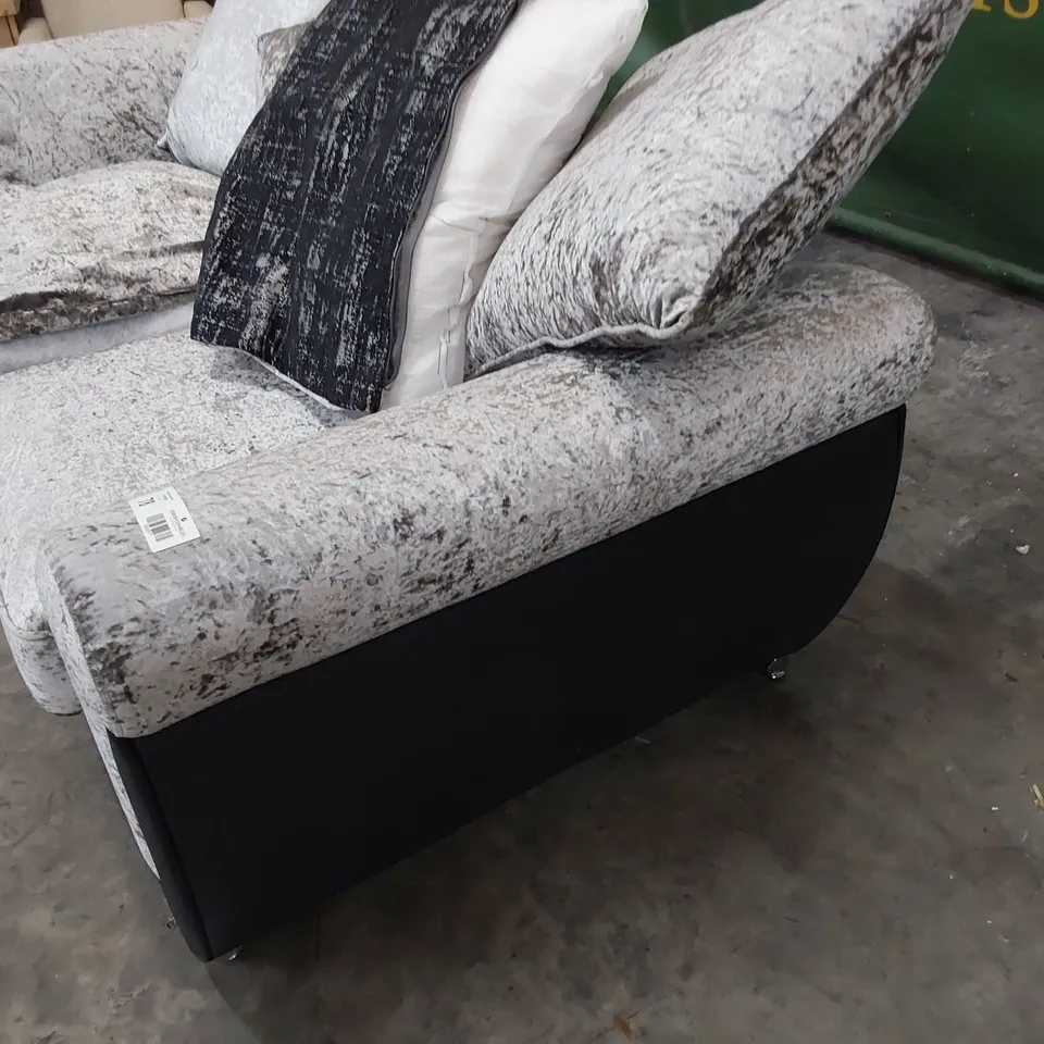DESIGNER THREE SEATER SOFA BLACK FAUX LEATHER & CRUSHED SILVER VELVET 