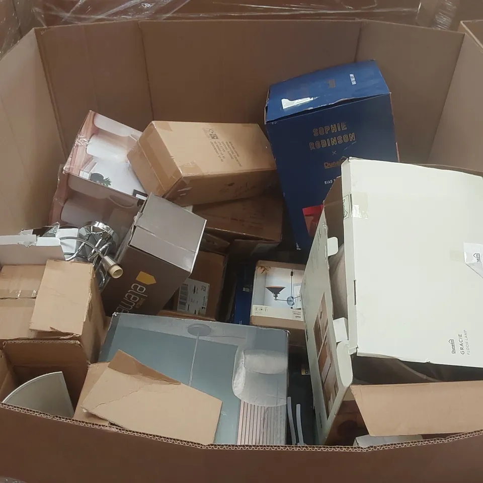 PALLET CONTAINING A VERY LARGE QUANTITY OF ASSORTED DESIGNER LIGHTING PRODUCTS INCLUDING: LOGAN SEMI FLUSH CEILING LIGHT, MONDEZ BATHROOM CEILING PENDANT, APOLLO INTEGRATED LED FLOOR LAMP ECT