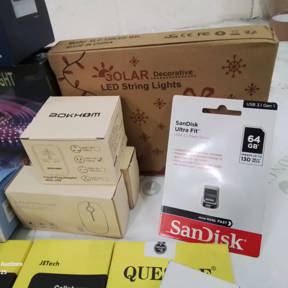 BOX CONTAINING LARGE AMOUNT OF BOXED ELECTRICAL ITEMS TO INCLUDE: BODY WORN CAMERA, LED STRIP LIGHT, HEADPHONES, PHONE CASES, SCREEN PROTECTORS, BATTERIES AND LOTS MORE.