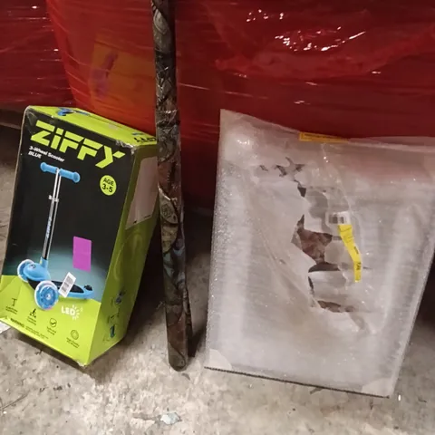 PALLET OF ASSORTED ITEMS INCLUDING - 3- WHEEL SCOOTER, WRAPPING PAPER, PICTURE FRAME