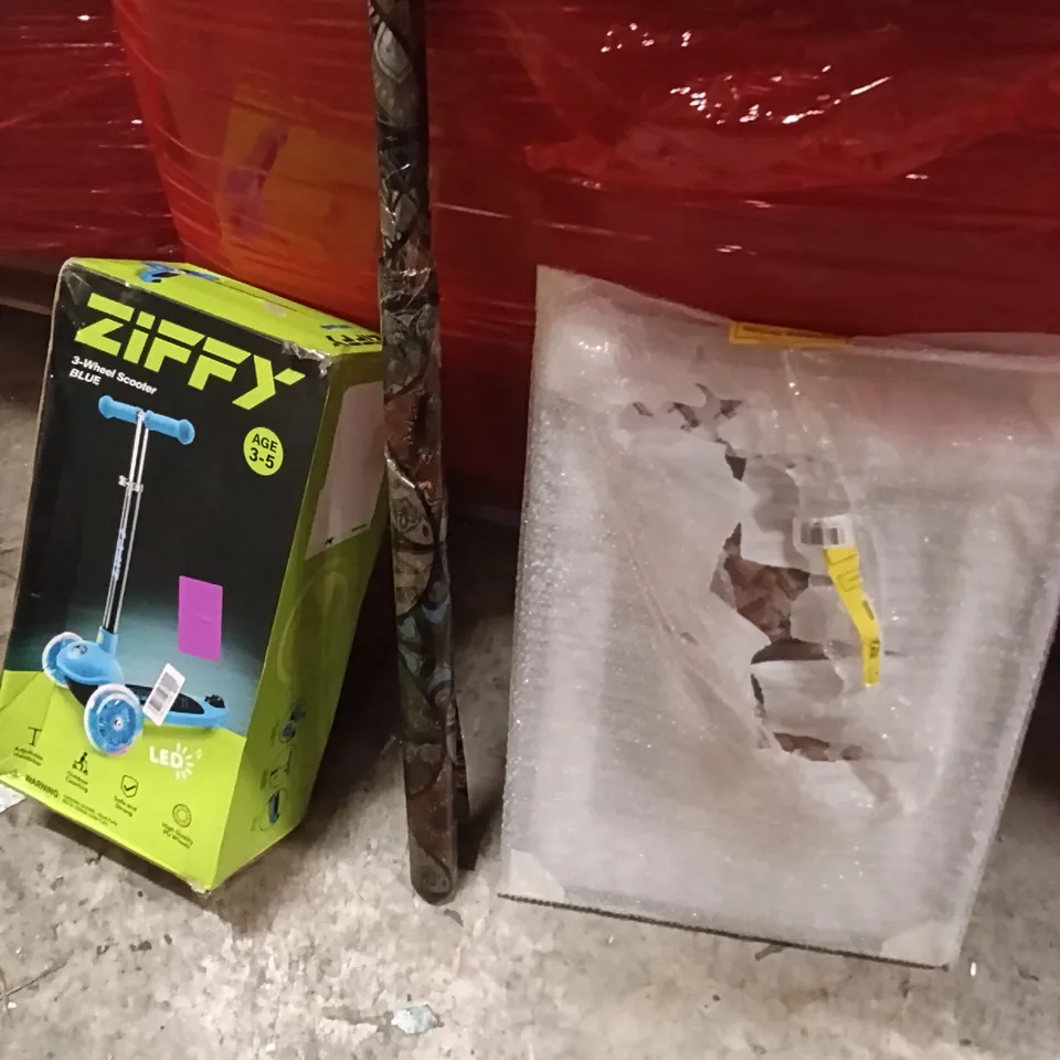PALLET OF ASSORTED ITEMS INCLUDING - 3- WHEEL SCOOTER, WRAPPING PAPER, PICTURE FRAME