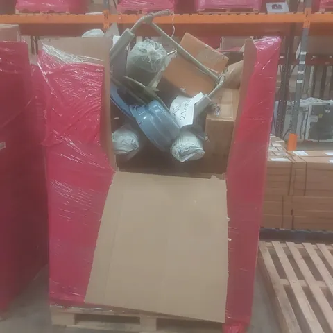 PALLET OF ASSORTED HOUSEHOLD GOODS AND PRODUCTS TO INCLUDE; STEAM CLEANER, NETTED ANIMAL FENCING, BOXED FURNITURE ETC