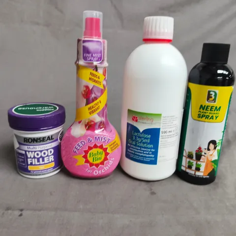 ASSORTED HOUSEHOLD ITEMS: RONSEAL WOOD FILLER, BABY BIO ORCHID FEED & MIST, LACTULOSE ORAL SOLUTION, NEEM PLANT GROWTH SPRAY