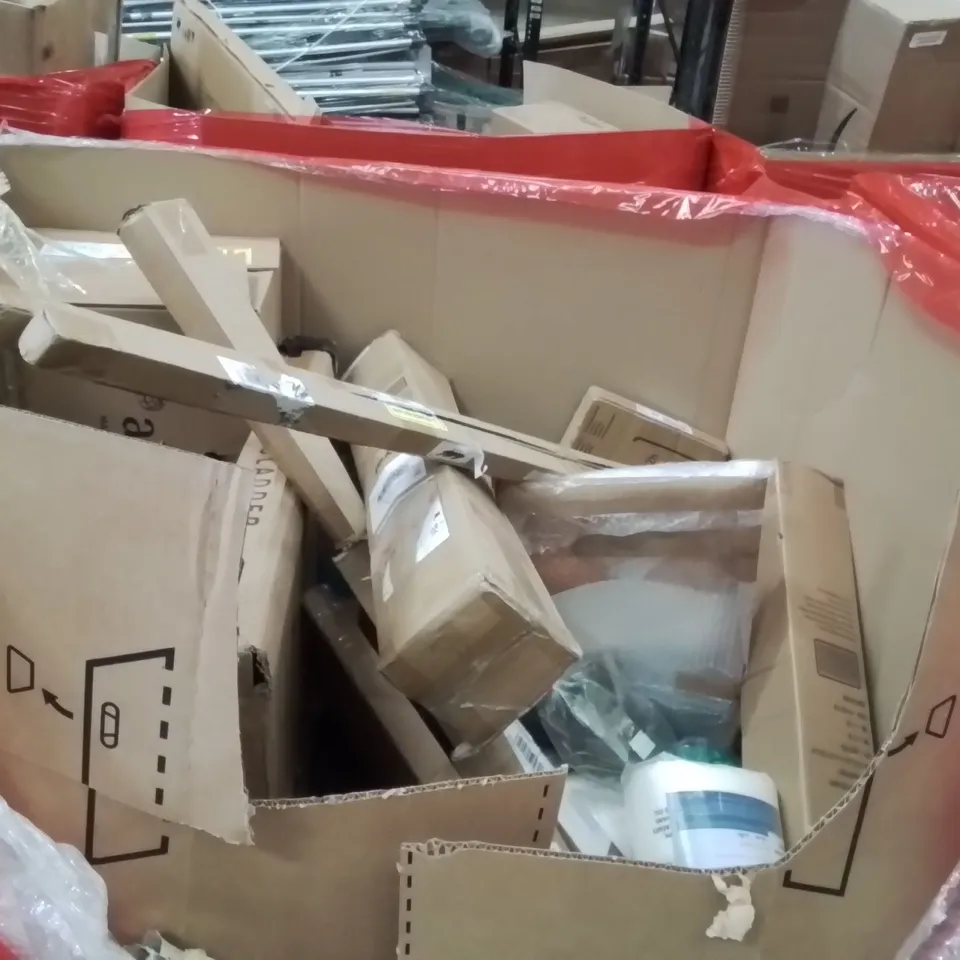 PALLET OF ASSORTED HOUSEHOLD GOODS AND PRODUCTS TO INCLUDE;TOILET SEAT,CRUTCH,CEILING FAN