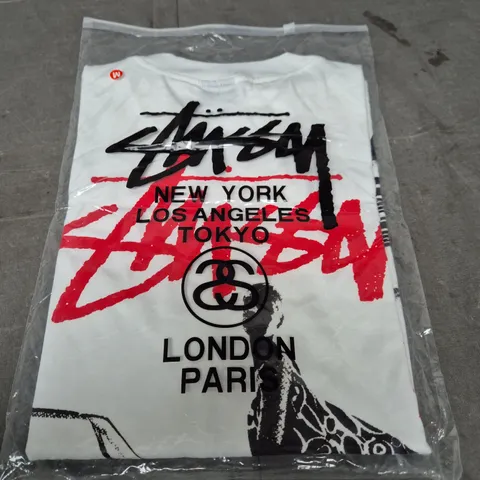 STÜSSY GRAPHIC T‑SHIRT – WHITE WITH NYC/LONDON PARIS MOTIF SIZE M 