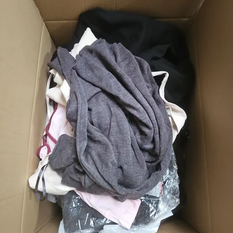 LARGE BOX OF APPROXIMATELY 25 ASSORTED CLOTHING ITEMS IN VARIOUS COLOURS, STYLES AND SIZES - COLLECTION ONLY