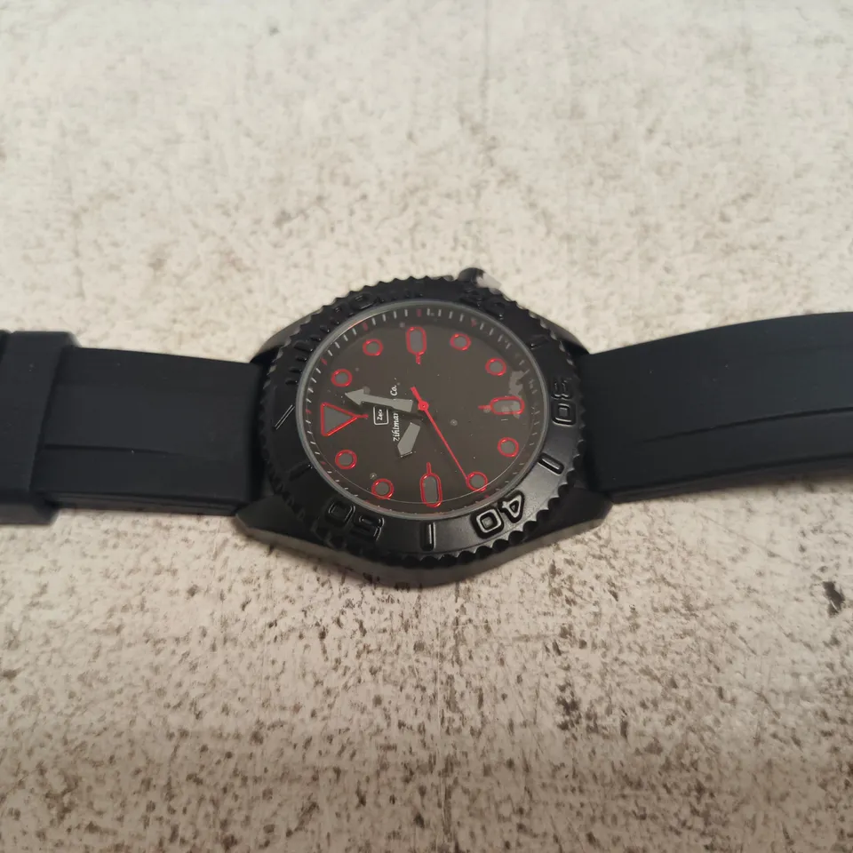 ZIHLMANN & CO. WRISTWATCH, BOXED – BLACK DIAL WITH RED NUMERALS