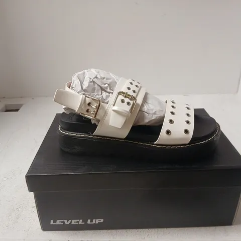 LEVEL UP WHITE PLATFORM SANDALS WITH STUDDED STRAPS UK 3