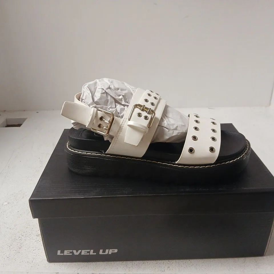 LEVEL UP WHITE PLATFORM SANDALS WITH STUDDED STRAPS UK 3