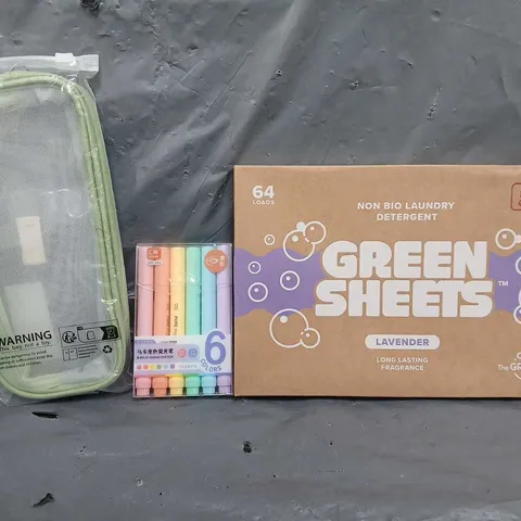 BOX OF APPROXIMATELY 12 ASSORTED ITEMS TO INCLUDE - GREEN SHEETS LAVENDER , HIGHLIGHTERS , BAG ETC