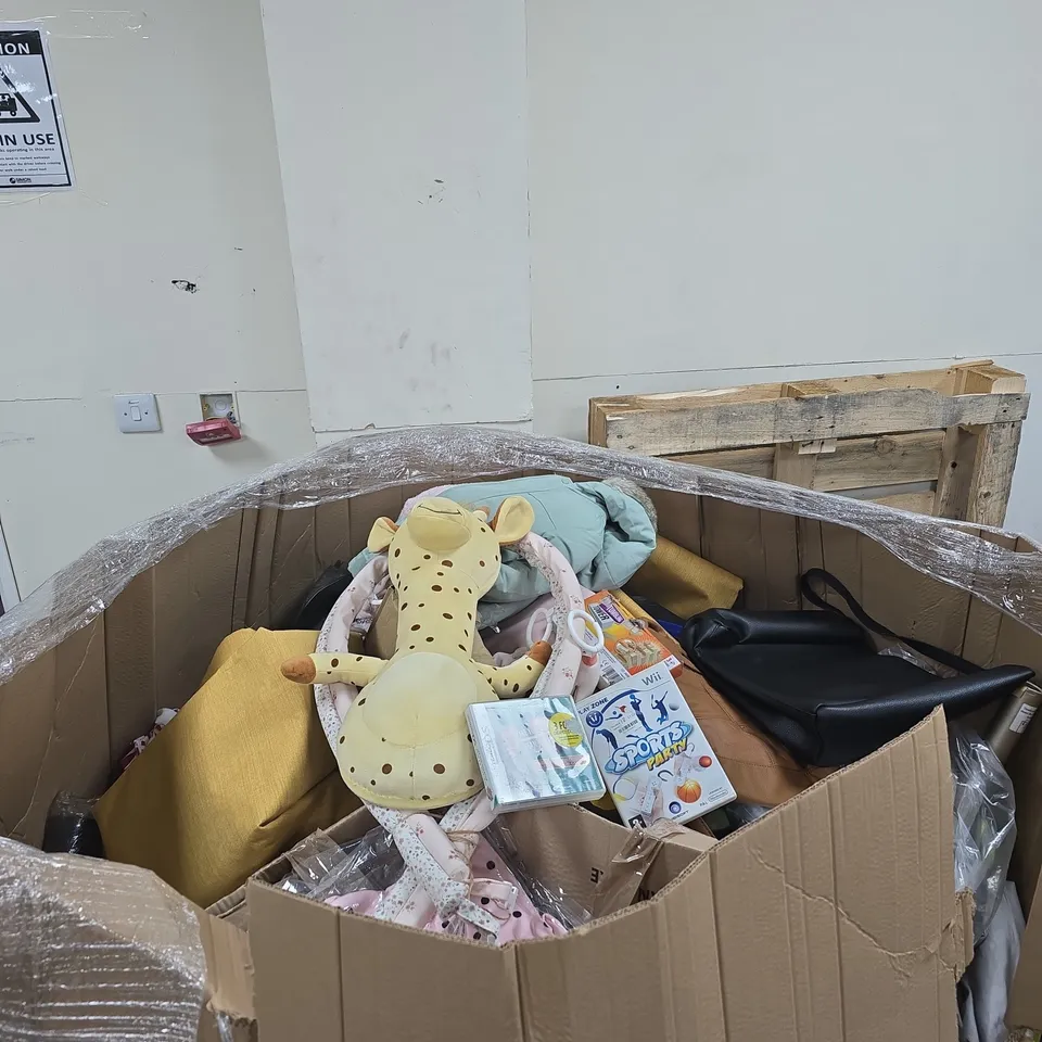 PALLET TO CONTAIN A LARGE AMOUNT OF ASSORTED ITEMS TO INCLUDE CLOTHING, BAGS, VIDEO GAMES ETC