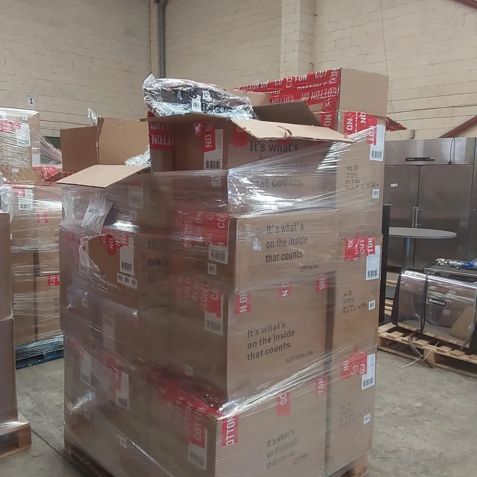 PALLET CONTAINING A VERY LARGE QUANTITY OF BRAND NEW ASSORTED CLOTHING INCLUDING: BIKINIS, JEANS, JUMPERS, BLAZER, SHIRTS, HELLO KITTY HATS ECT AND STORAGE BOX