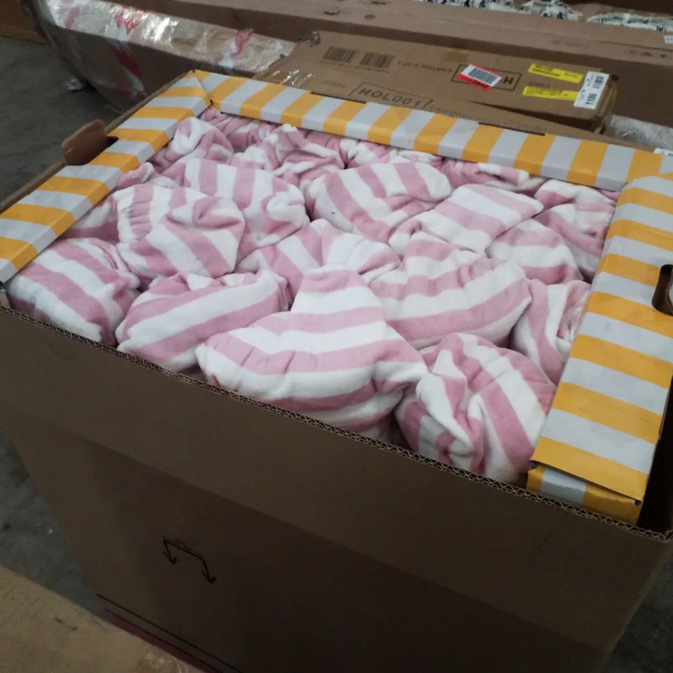 BOX CONTAINING APPROXIMATELY 80 STRIPED PINK PONCHOS 