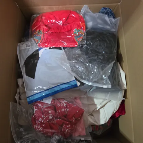 LARGE BOX OF ASSORTED CLOTHING ITEMS IN VARIOUS SIZES, STYLES AND COLOUR 