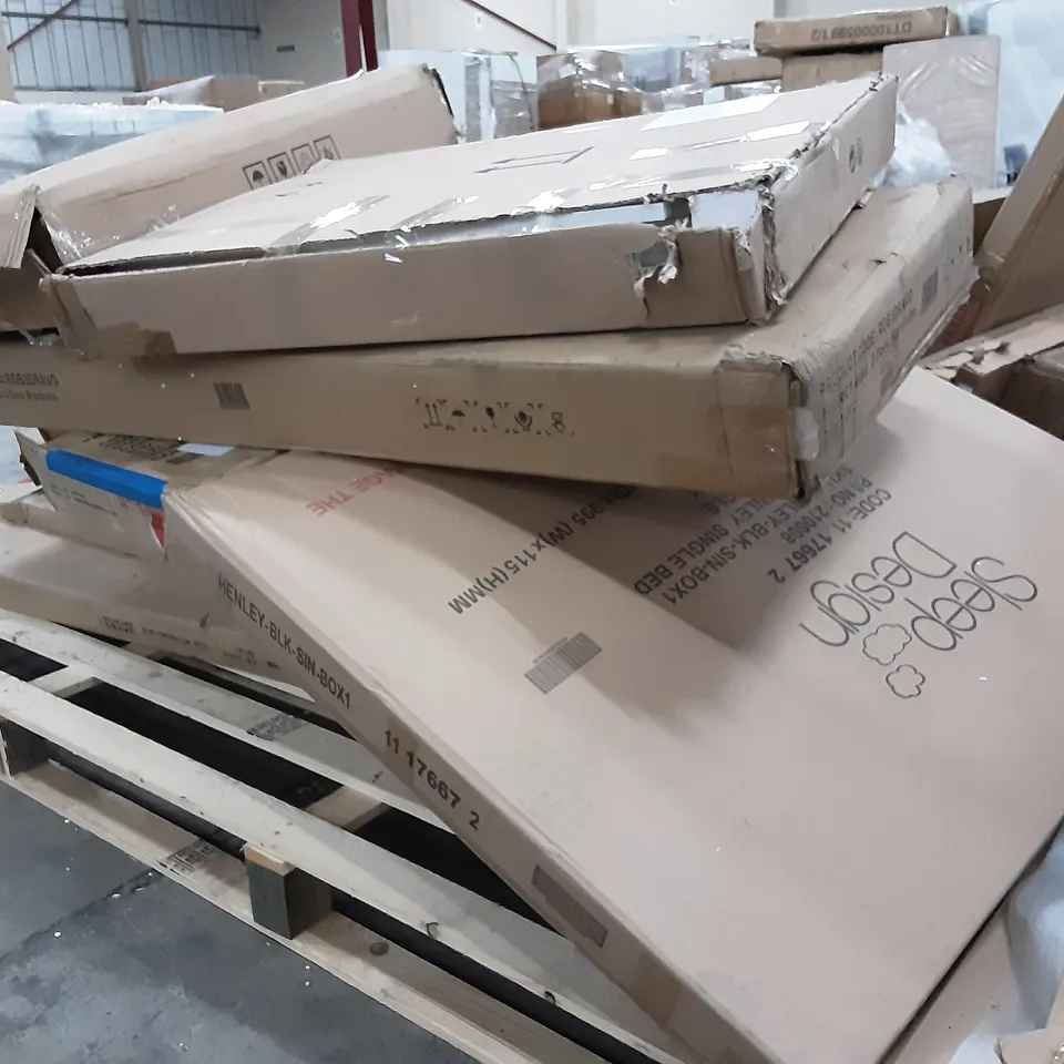 PALLET CONTAINING BOXED FURNITURE SUCH AS , SINGLE BED , WARDROBE , FURNITURE PARTS  AND CHEST OF DRAWERS 