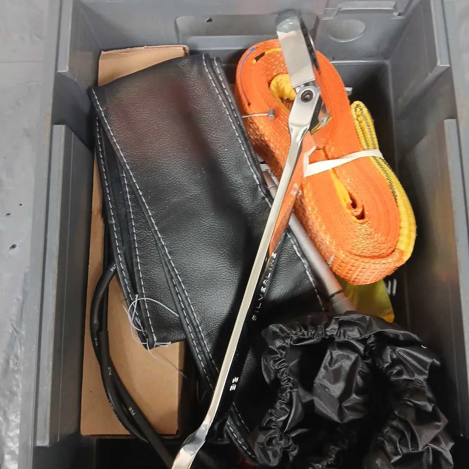 APPROXIMATELY 10 ASSORTED VEHICLE ACCESSORIES TO INCLUDE WRENCH, TETHERING STRAP ETC