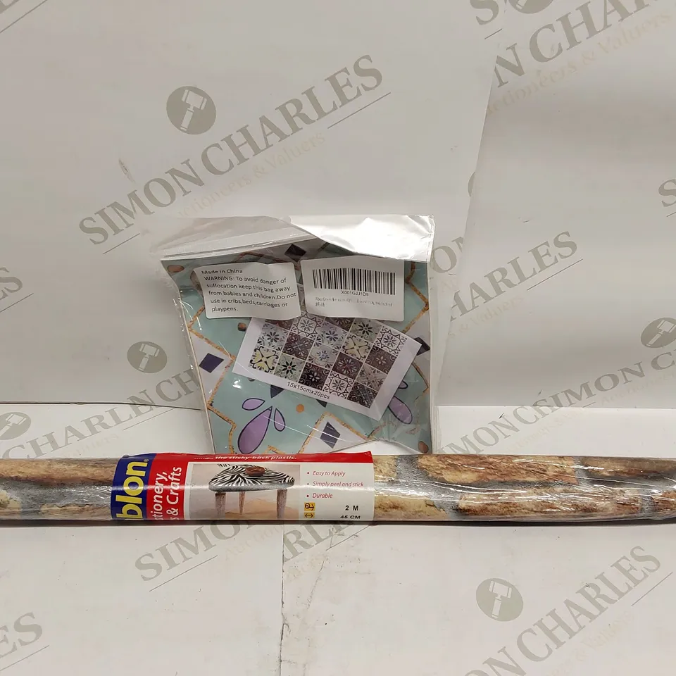 BOX OF APPROXIMATELY 16X 20PCS BRAND NEW GREEN MOROCCAN STYLE ADHESIVE TILES, 3X 2M X 45CM ADHESIVE STONE WALL WALLPAPER 