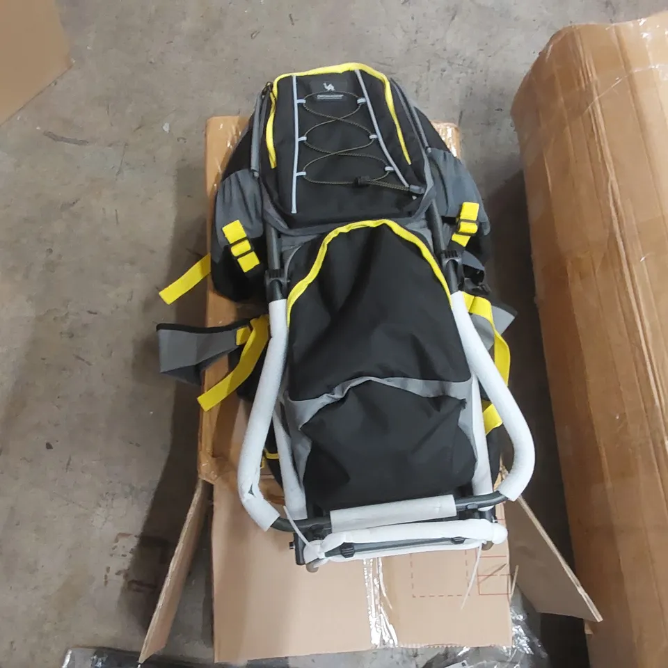 PALLET OF ASSORTED ITEMS INCLUDING: MATTRESS/TOPPER (UNSPECIFIED), BABY BACKPACK, KAYAK PADDLE, PICTURE FRAMES ECT