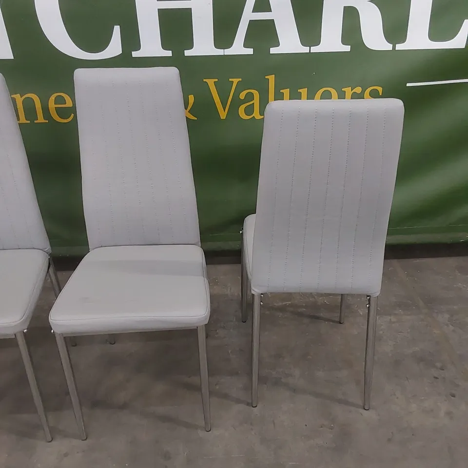 SET OF 4 LEON LIGHT GREY LEATHER DINING CHAIRS WITH CHROME LEGS 