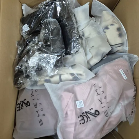 LARGE BOX OF ASSORTED CLOTHING ITEMS IN VARIOUS COLOURS, SIZES AND STYLES