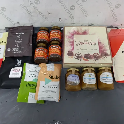 APPROXIMATELY 5 ASSORTED FOOD ITEMS TO INCLUDE - MP PROTEIN PANCAKE MIX, NESTLE DAIRYBOX, AND HEALTHY YELL MUSHROOM COFFEE ETC. 