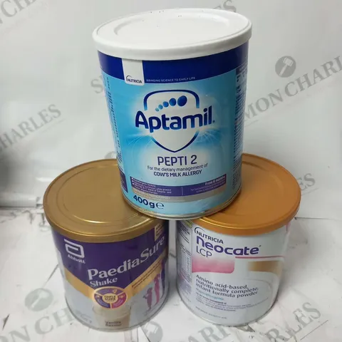 FIVE TUBS OF ASSORTED FOOD BASED PRODUCTS TO INCLUDE; APTAMIL PEPTI 2 400G, NUTRICIA NEOCATE LCP 400G AND ABBOTT PAEDIA SURE SHAKE 400G