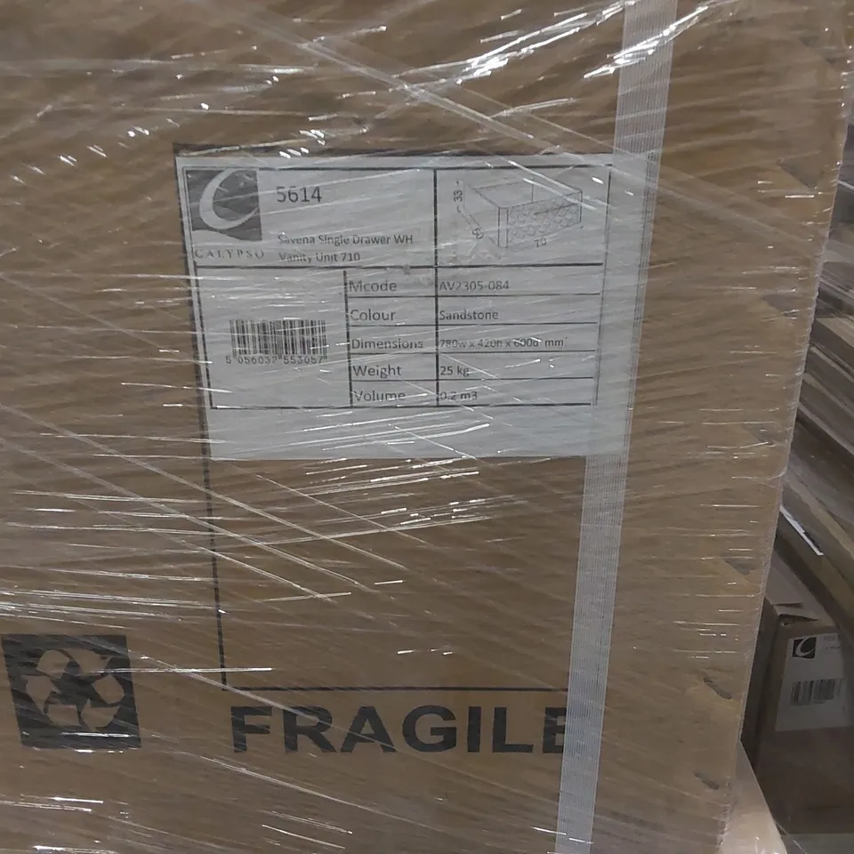 PALLET CONTAINING A LARGE QUANTITY OF ASSORTED BATHROOM FURNITURE PARTS INCLUDING: SAVENA SINGLE DRAWER VANITY BASES