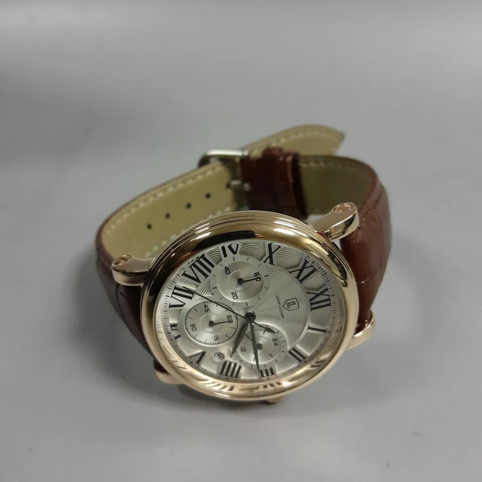 MENS LOUIS LACOMBE CHRONOGRAPH WATCH – MULTI FUNCTION DIAL WITH DATE – ROMAN NUMERAL DIAL – LEATHER STRAP