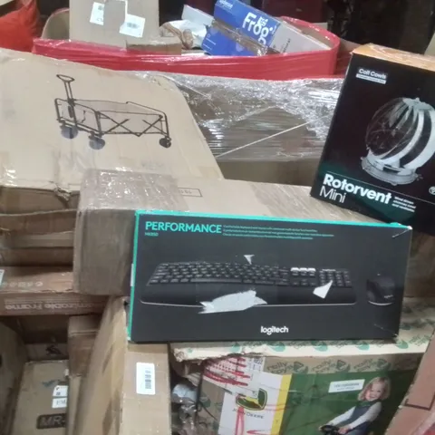 PALLET CONTAINING VARIOUS ASSORTED BOXED HOUSEHOLD ITEMS TO INCLUDE: FOLDING CARTS, LOGITECH KEYBOARD, WIND DRIVEN CHIMNEY COWL, AND LOTS MORE UNMARKED BOXED ITEMS 