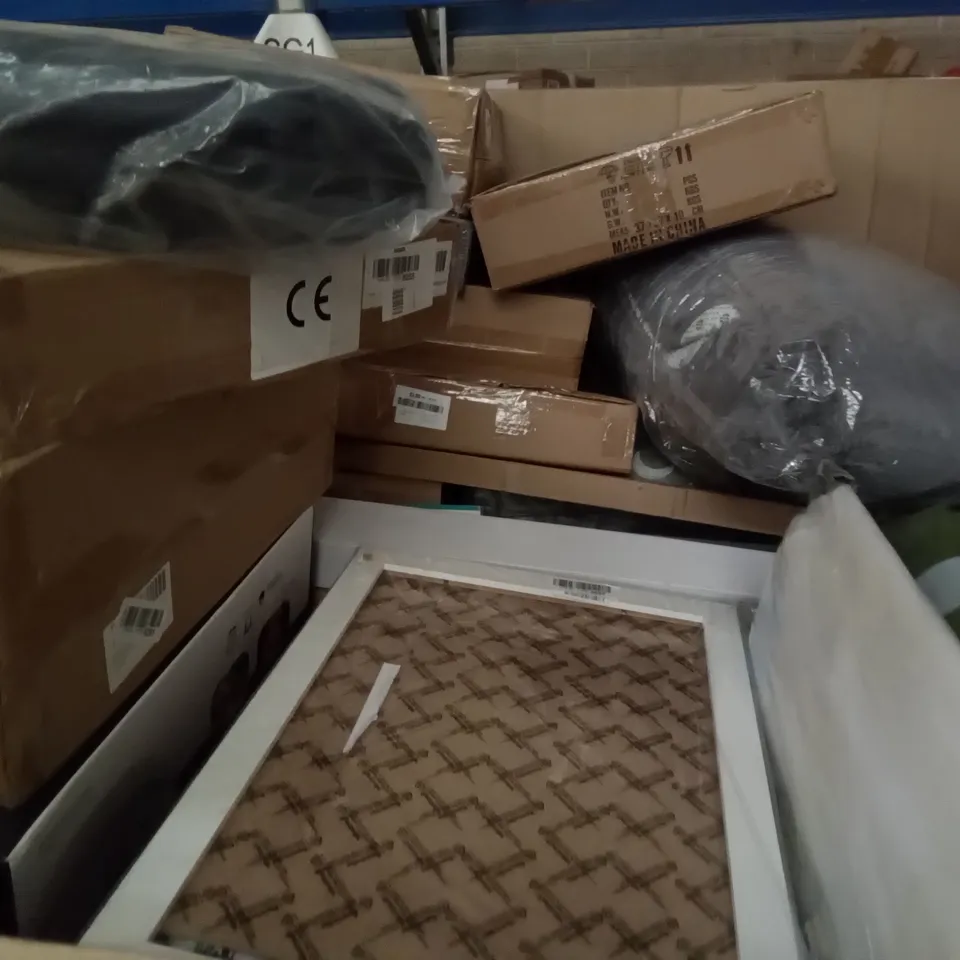 PALLET OF ASSORTED ITEMS INCLUDING GLASS CHOPPING BOARD, STORAGE BOX, SIMPDIY SHOE BOXES, TRIPOD FURNITURE LEGS, CRAFT WOK, SAKURA RICE COOKER 