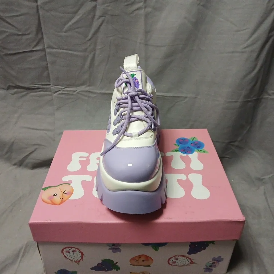 BOXED PAIR OF KOI FRUITTI TUTTI GRAPE JELLY TRAINERS IN PURPLE/WHITE SIZE UK 5