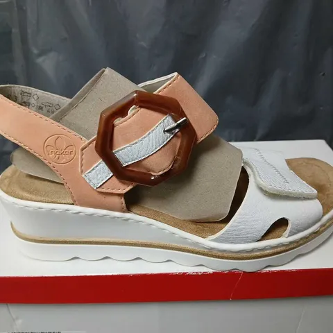 BOXED RIEKER BUCKLE WEDGE SANDALS IN APRICOT - SIZE 5