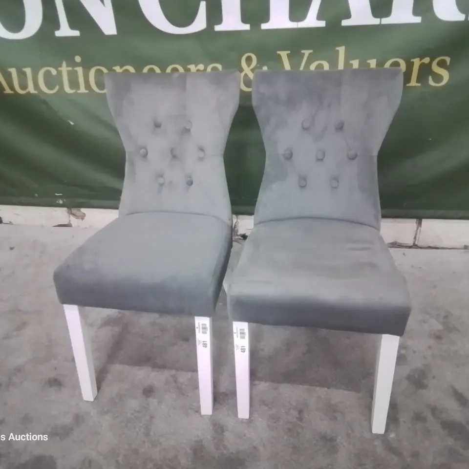 PAIR BEWLEY GREY VELVET BUTTONED BACK DINING CHAIRS WHITE LEGS