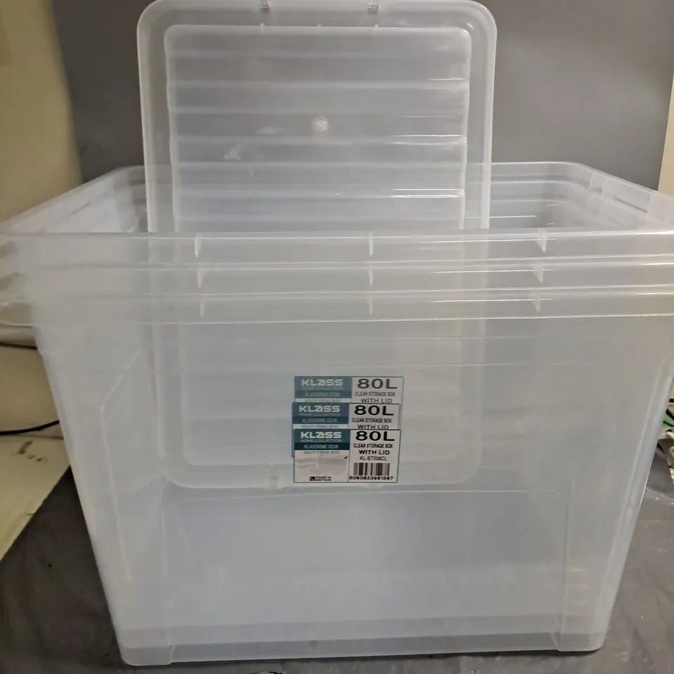 LOT OF 3 KLASS 80L CLEAR STORAGE BOXES WITH LIDS