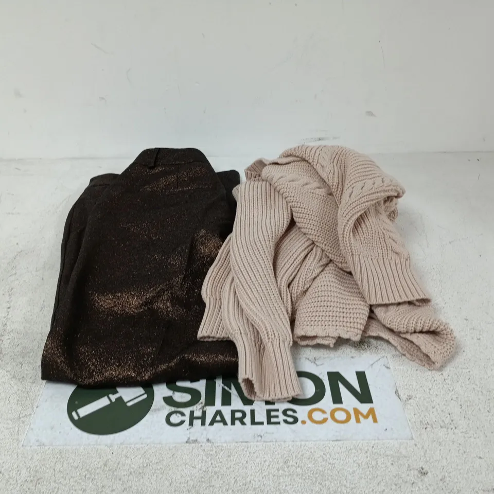 BOX OF APPROXIMATELY 15 ASSORTED CLOTHING ITEMS OF VARIOUS STYLES AND SIZES TO INCLUDE KNITTED TOP, TROUSERS ETC