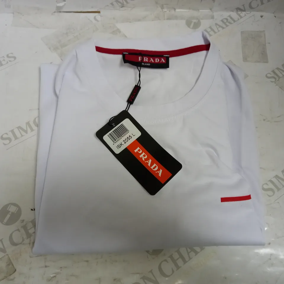 PRADA-STYLE LOGO WHITE TEE SIZE L