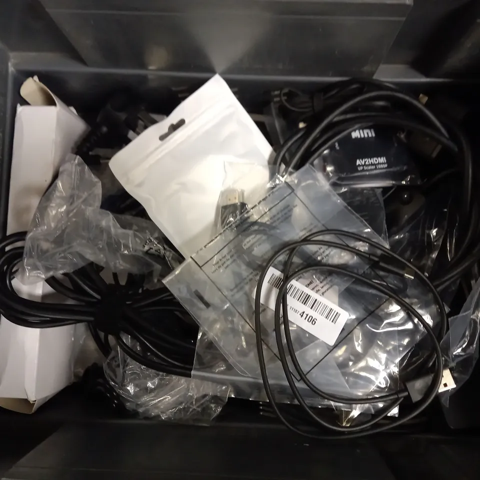 BOX OF APPROX 10 ITEMS TO INCLUDE ASSORTED CABLES AND REMOTES