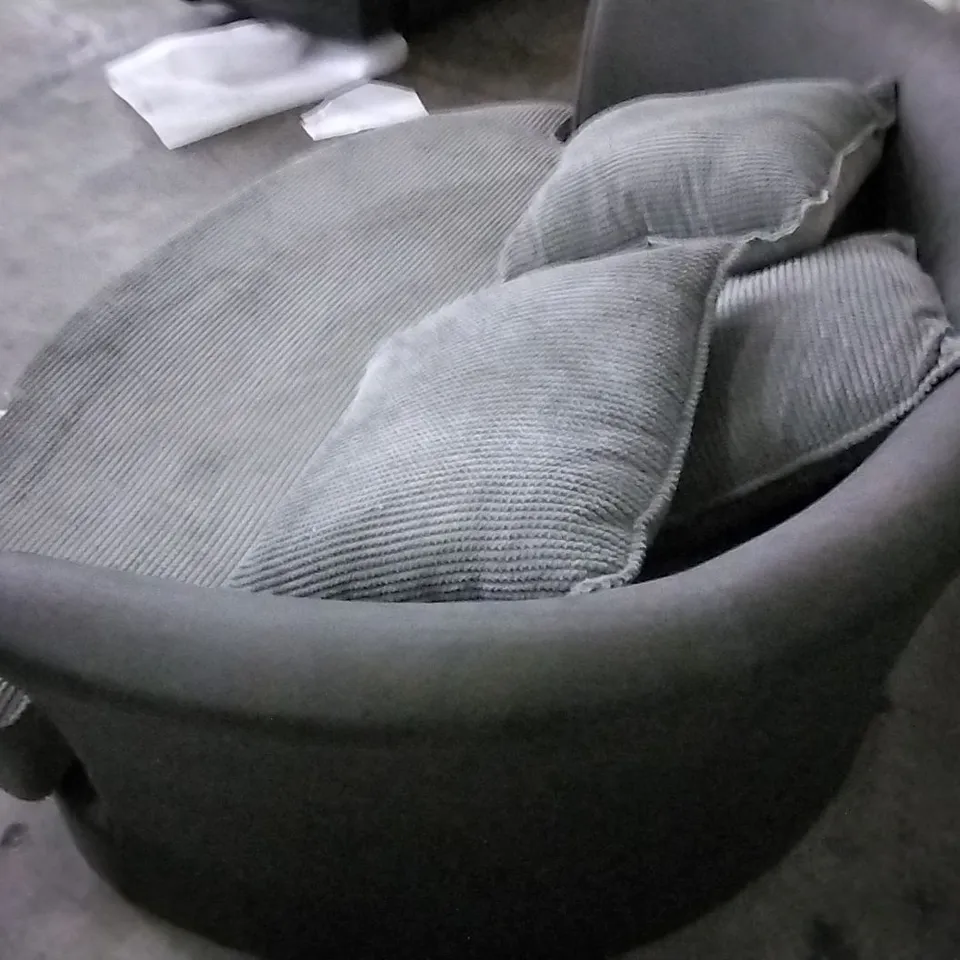 QUALITY LOVESEAT WITH ELEPHANT GREY CUSHIONS AND LEATHER BACK WITH SCATTERBACK CUSHIONS