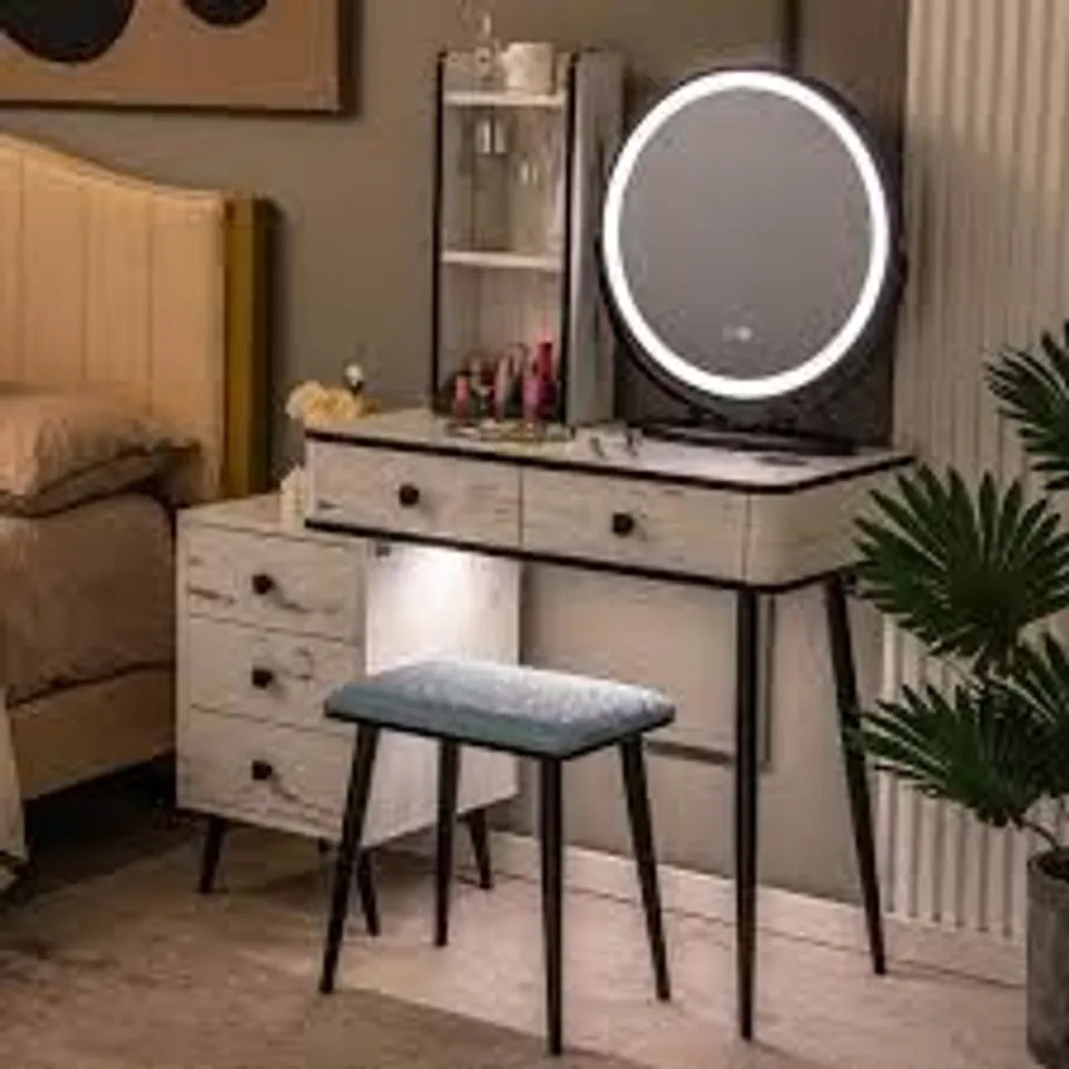 BOXED COSTWAY WOOD EFFECT ROUND MIRROR VANITY TABLE SET WITH CHARGING STATION