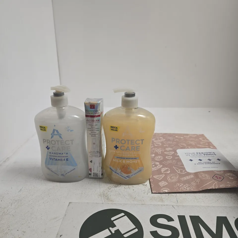 TOTE OF APPROXIMATELY 10 ASSORTED ITEMS INCLUDING ESSITY PERIOD PANTS, ASTONISH ANTI-BACTERIAL HANDWASH ABD IBCCCNDC CC CREAM