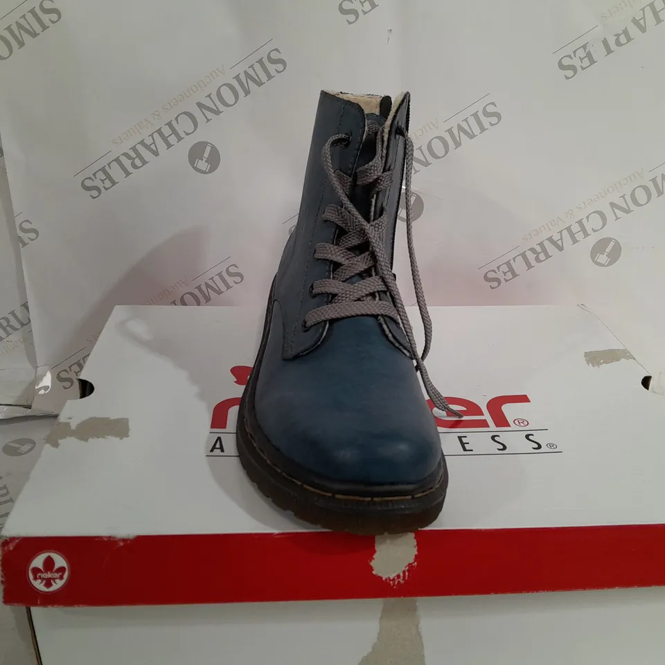 BOXED PAIR OF RIEKER LACE ANKLE BOOTS BLUE SIZE 6