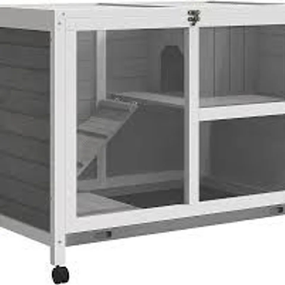 BOXED PAWHUT WOODEN RABBIT HUTCH INDOOR WITH WHEELS, OPENABLE ROOF, 91.5 X 53.3 X 73 CM, GREY (1 BOX)