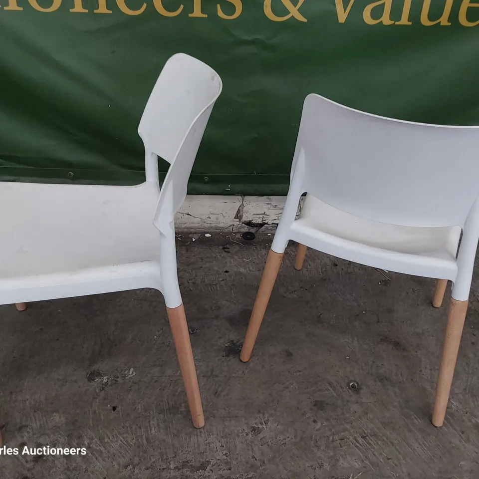 PAIR OF WHITE UPVC CHAIRS ON NATURAL WOOD LEGS
