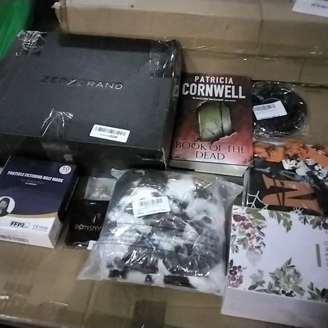 PALLET OF ASSORTED ITEMS INCLUDING BOOK OF THE DEAD BOOK, ITTY BITTY BIBLE, PARTICLE FILTERING HALF MASK, ONESKY MISTLETOE FRAGRANCE, HALLOWEEN DECORATIONS, COMPASS NECKLACE